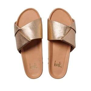 Beek Tori Sandals Gold Metallic Leather Slide Women's Size 6 Twisted Strap $260